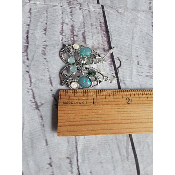 Starfish and Opal Oval Stone Teardrop Earrings Silvertone Nautical Beach - Picture 3 of 5